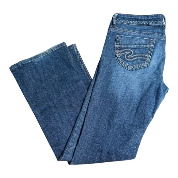 STS Blue Denim JEANS Junior Women Sz 13 (32) Embroidered Waist & Pockets Bootcut - Picture 1 of 12